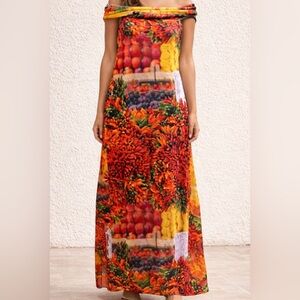 NWT Zara Off Shoulder Fruit Print Maxi Dress Size L – Vibrant Chili Pepper Print
